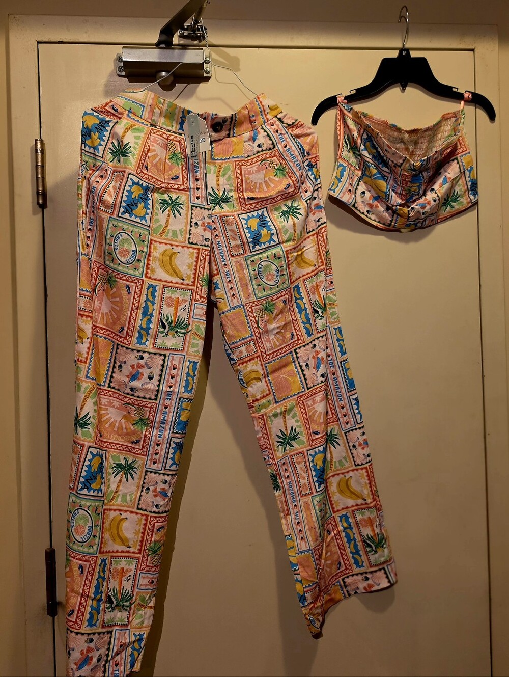 Two Piece Strapless Pants Women's Multicolor Tropical Print Straight-Leg